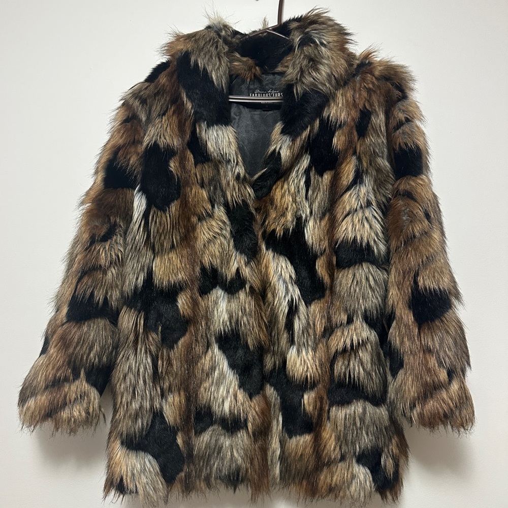 Fabulous Furs Brown, Black & Cream Faux Fur Teddy Jacket